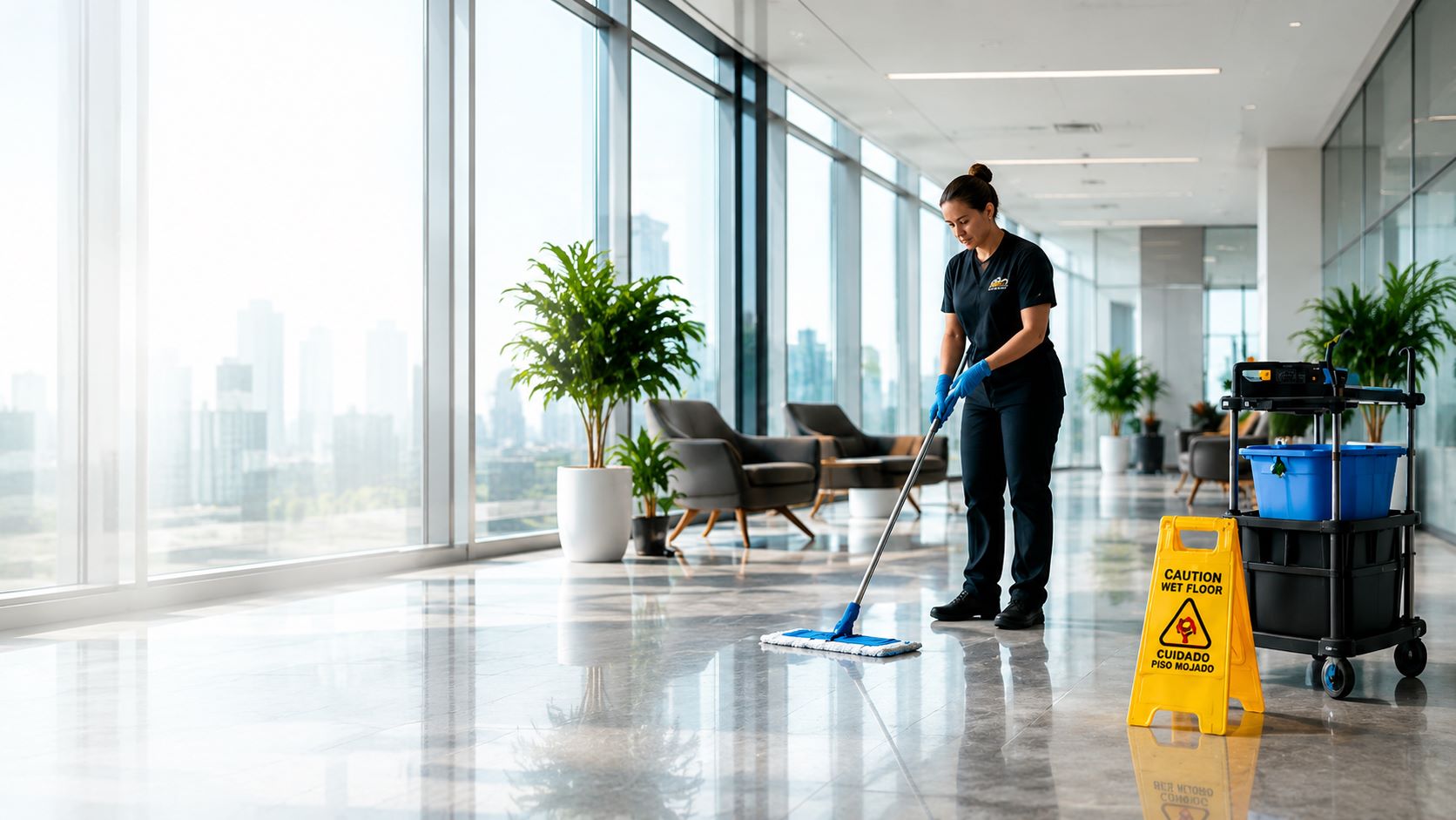 Commercial cleaner mopping a modern office lobby