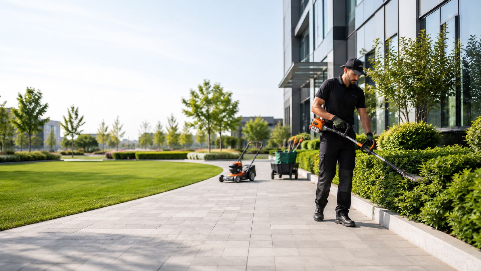 Grounds maintenance team maintaining a clean commercial outdoor space