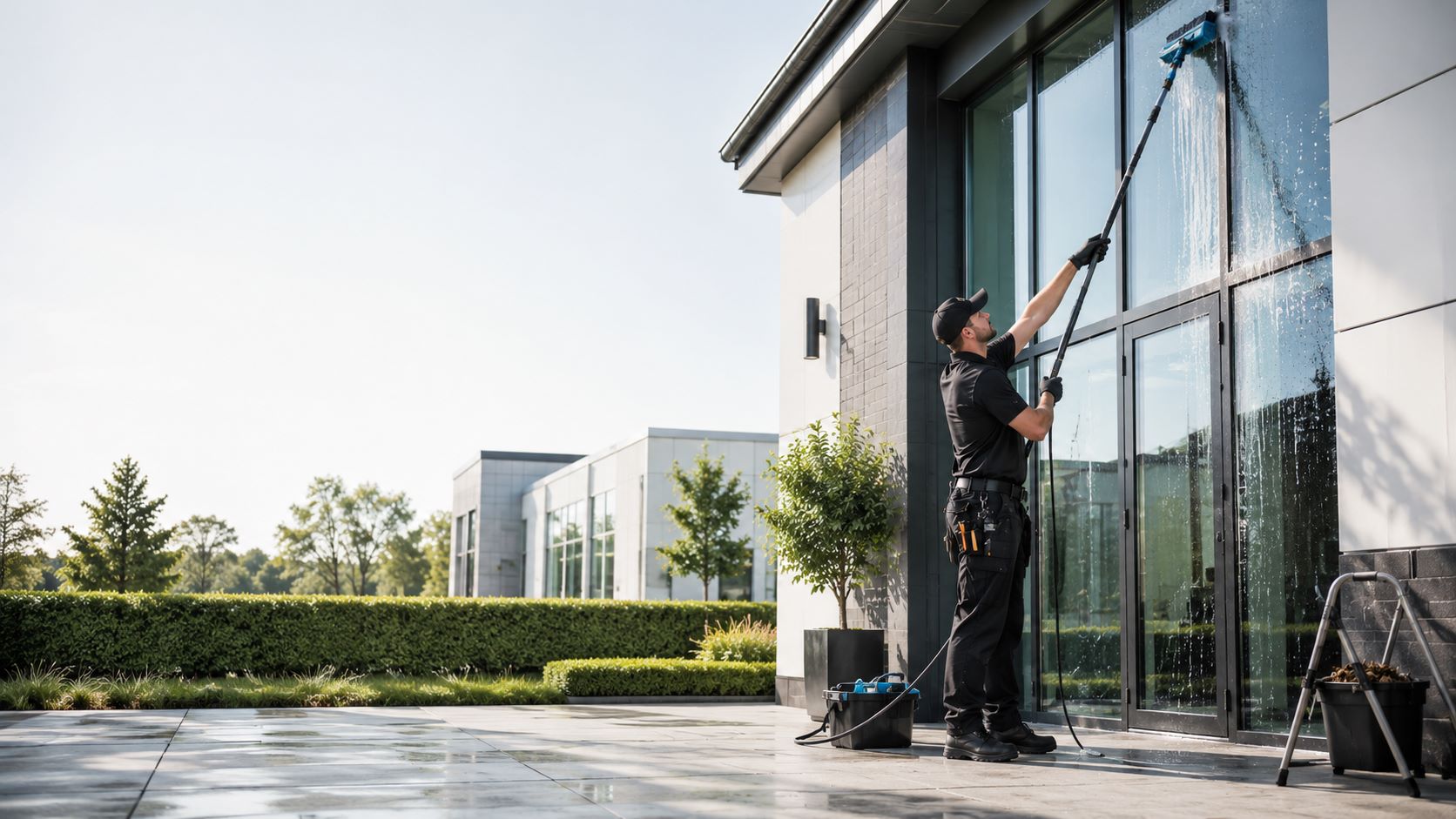Professional window and gutter cleaning service at a managed commercial property